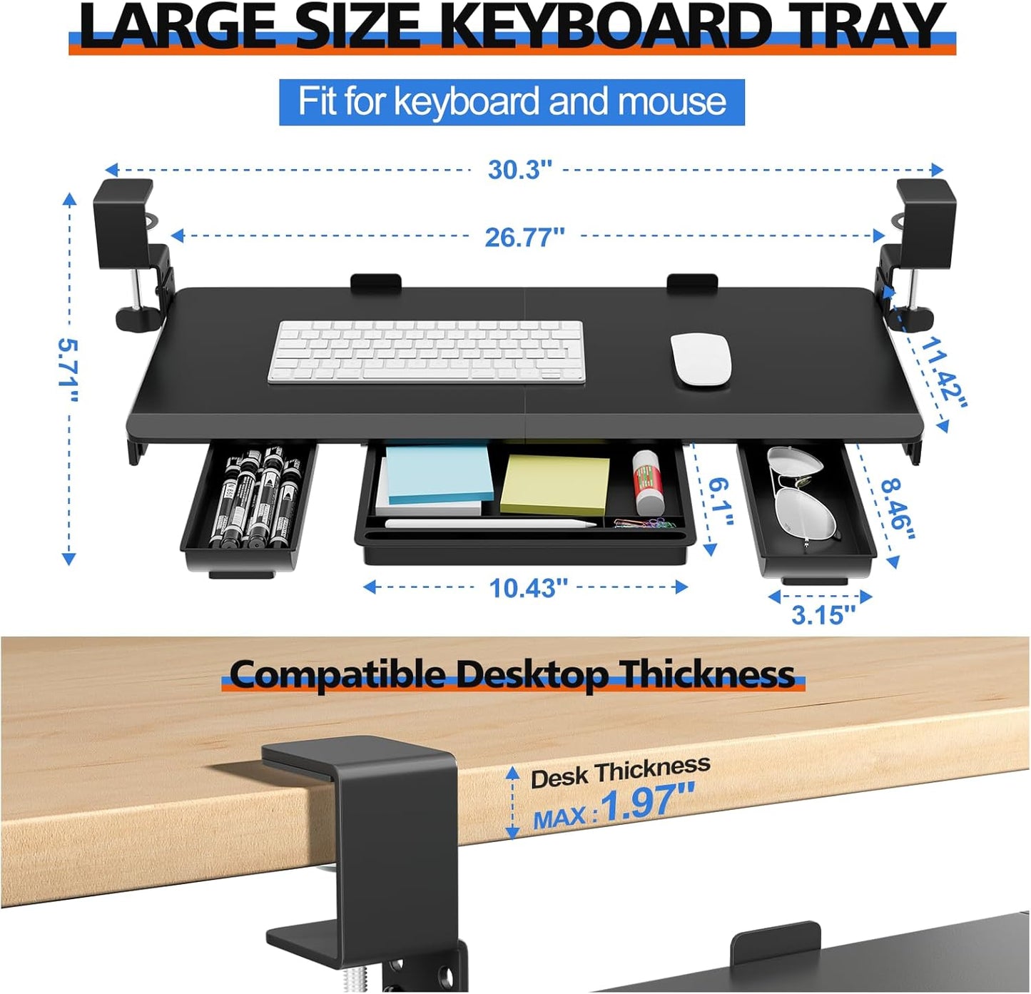 Large Height Adjustable Keyboard Tray with Sturdy C-Clamp Mount and Storage Drawer, 27"(31" Including Clamps) x 12" Slide Out Ergonomic Keyboard Trays for Home and Office, Black