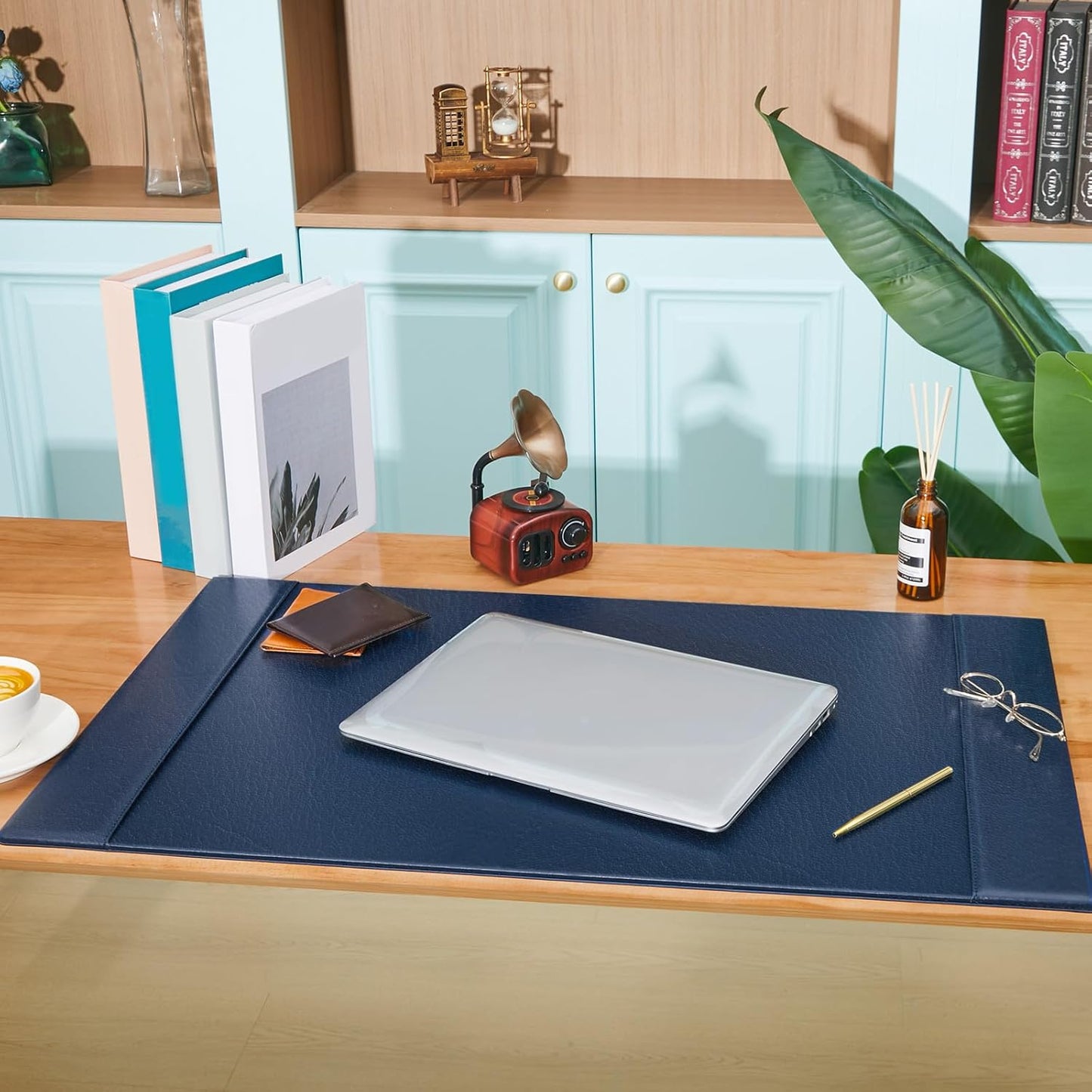 Leather Desk Pad Protector 30" x 18" Leather Desk Blotter with Side Rails Desk Mat for Office Home Workplace Desktop Writing Board Christmas Gifts for Dad Husband(Blue)