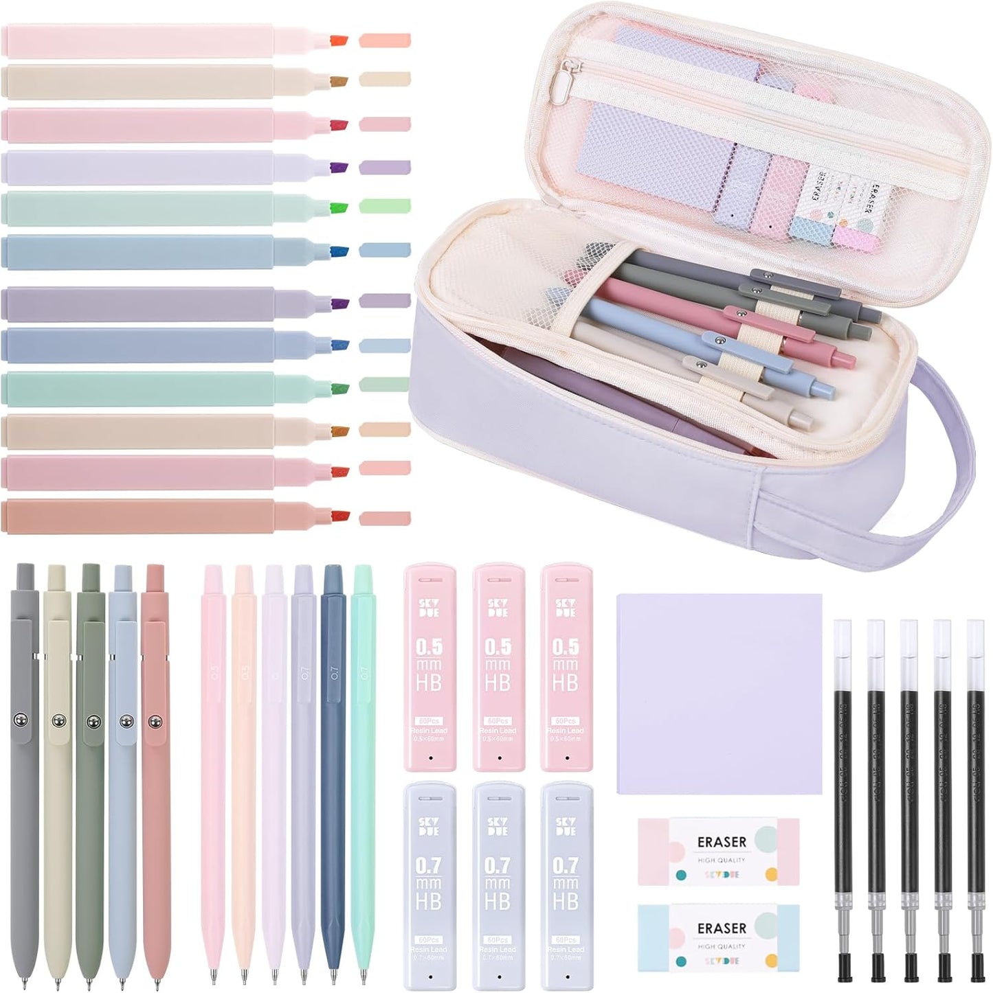 SKYDUE Cute School Supplies 38 PCS, Pencil Case with 12 Pastel Highlighters, 5 Black Gel Pens, Mechanical Pencils, College Essentials Students Stationary Set Purple
