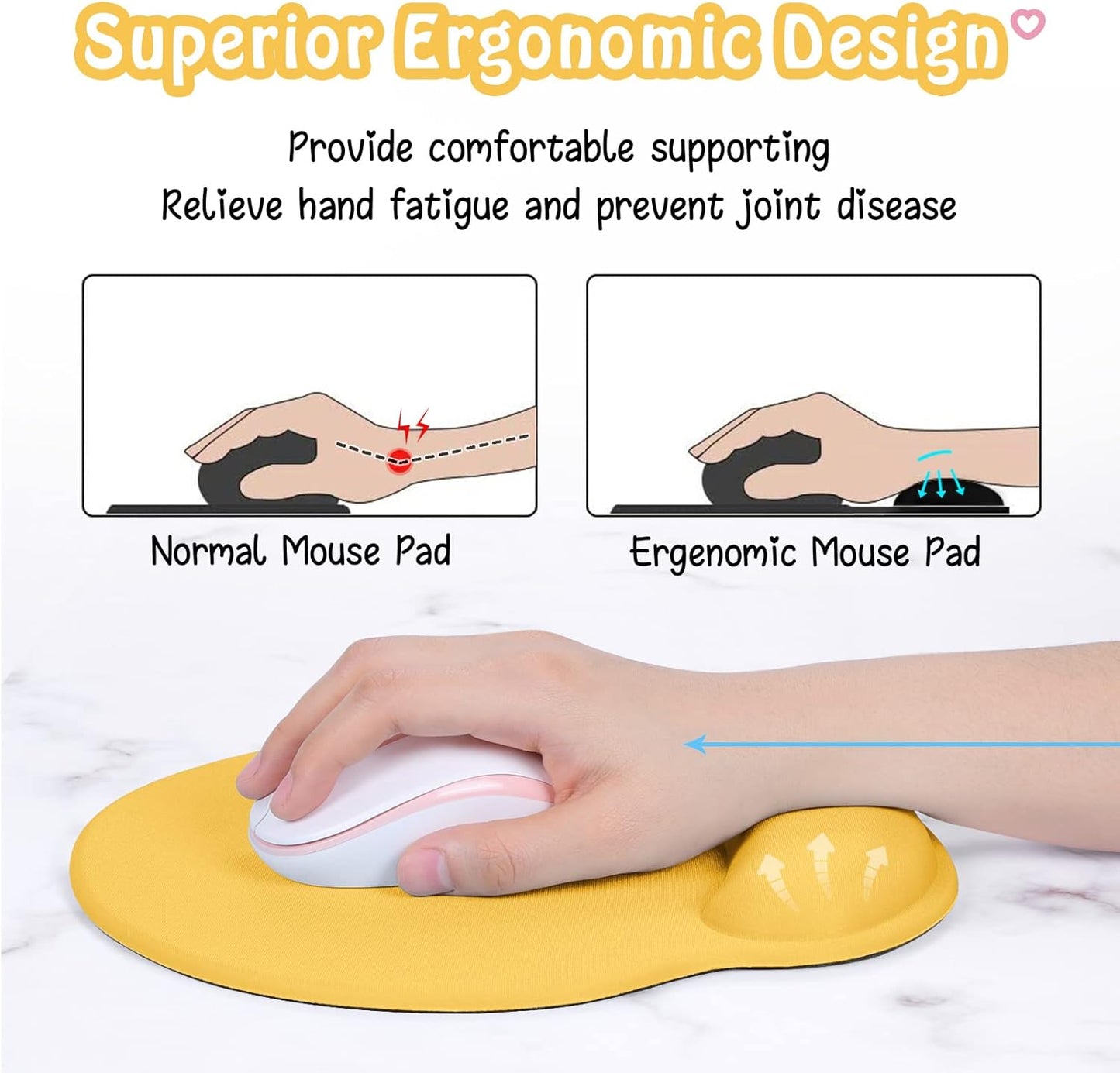 Hsurbtra Ergonomic Mouse Pad with Wrist Rest Support, Gel Mouse Pads with Non-Slip PU Base, Pain Relief Memory Foam Computer Mat, Cute Office Supplies Desk Decro Accessories, Apricot Yellow