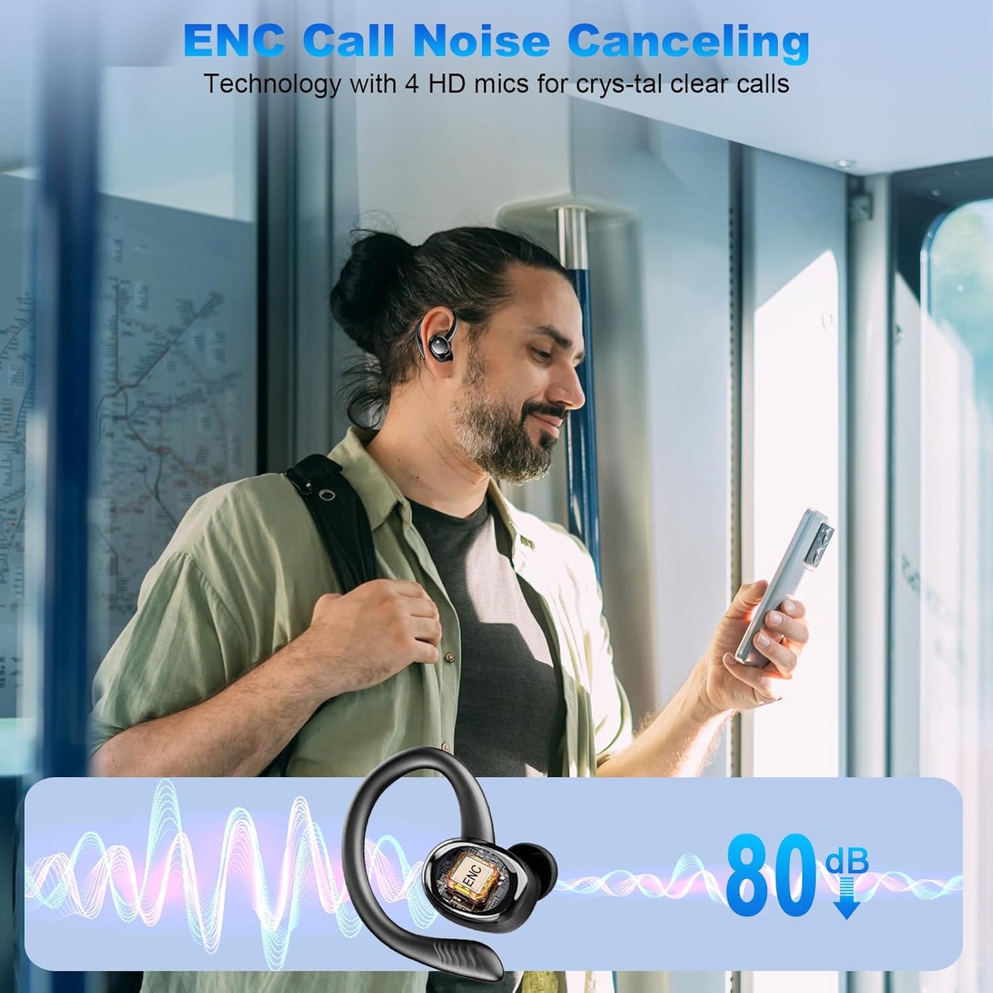 Wireless Earbuds Sport, New Bluetooth 5.4 Headphones with Earhooks, 50H Stereo Deep Bass Over Ear Buds with 4 ENC Noise Canceling Mics, IP7 Waterproof Earphones for Running Workout Gym -Black