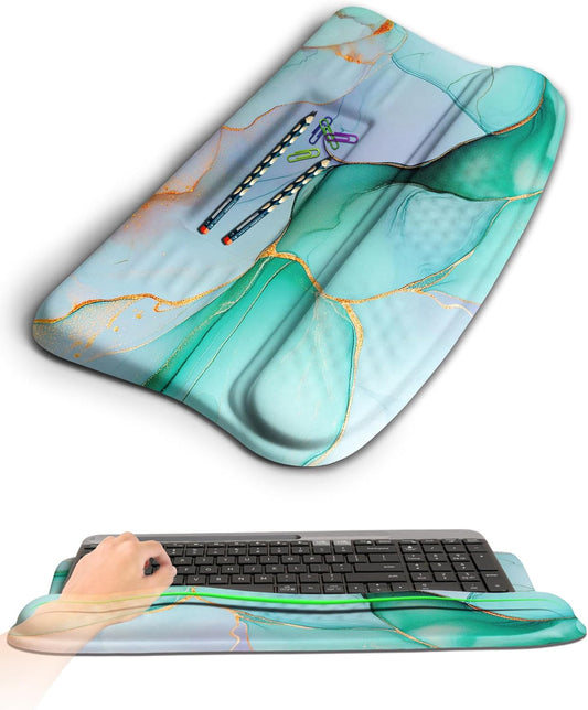 Ergonomic Wave Wrist Rest with Keyboard Stand, Cushioned Palm Rest, Comfortable Integrated Memory Foam for Natural Typing and Relieve Wrist Pain, Green Gold Marble