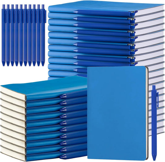 Jetec 30 Pack Notebooks Journals with 30 Pens, Bulk A5 Softcover Leather Notepad Journal with Pen for School Business Work Writing, 200 Pages(Blue, Plain)