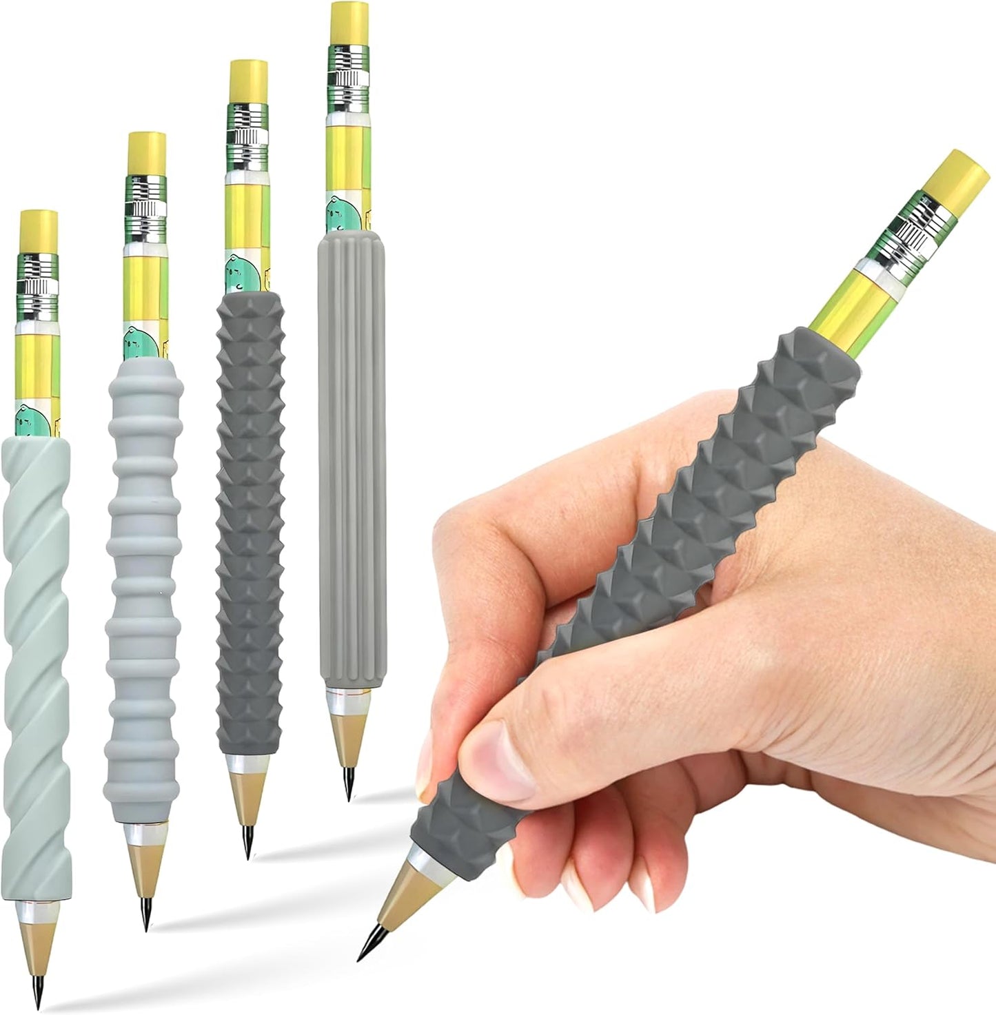 Pencil Grips for Kids & Adults - 4 Pack & 2 mechanical pencil - ADHD Tools for Kids - Sensory Fidget Sleeves for Focus, Calm & Anxiety Relief,Quiet Classroom & Travel Fidget Tool for Fine Motor Skills