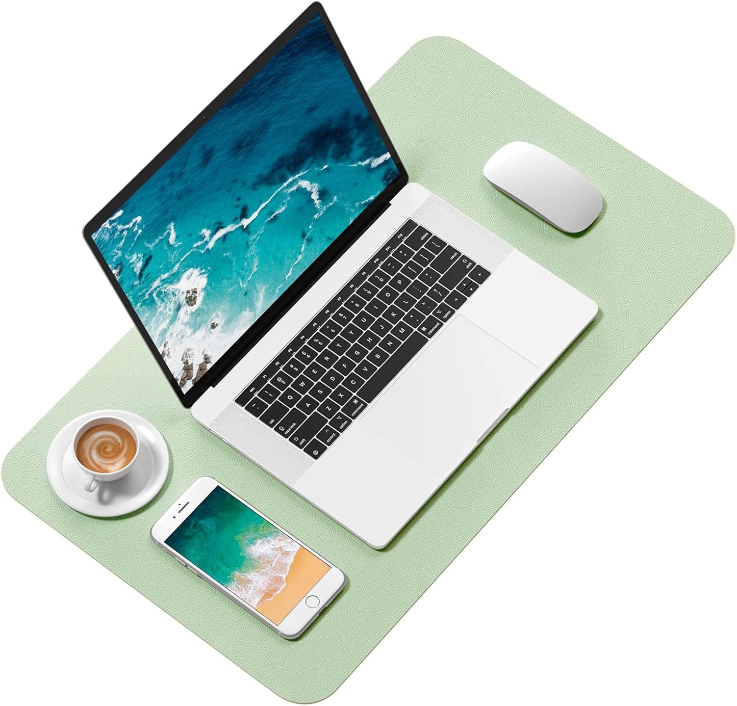 Hsurbtra Desk Pad, 23.6" x 13.8" PU Leather Desk Mat, M Extended Mouse Pad, Waterproof Desktop Blotter Protector, Non-Slip Ultra Thin Small Laptop Keyboard Writing Mat for Office Home, Lake Green