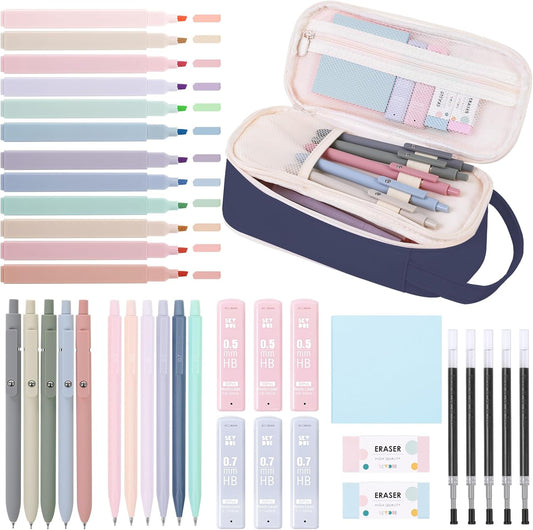 SKYDUE Cute School Supplies 38 PCS, Pencil Case with 12 Pastel Highlighters, 5 Black Gel Pens, Mechanical Pencils, College Essentials Students Stationary Set Dark Blue