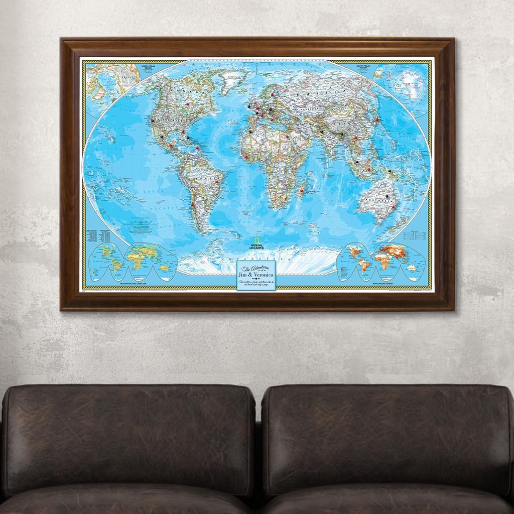 Canvas Classic World Map Pin Board – Framed Travel Map with Pins for Wall – Personalized Push Pin World Map for Tracking Journeys – 27.5" x 39.5" Brown Frame