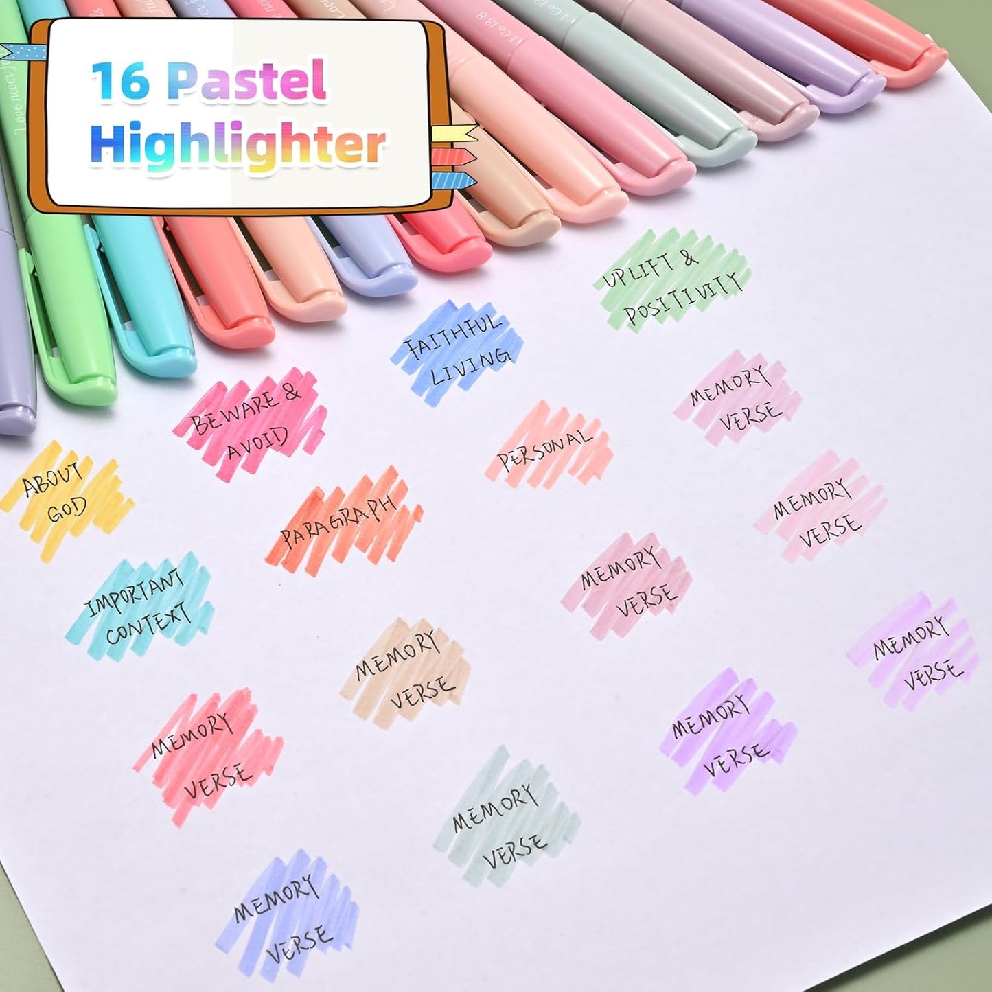Pastel Bible Highlighter Markers 16 Pack, No Bleed, Cute Aesthetic Highlighters Assorted Colors Dry Quickly for Bible Study Journaling, Textbook Motivational Gift for Christians, Friends