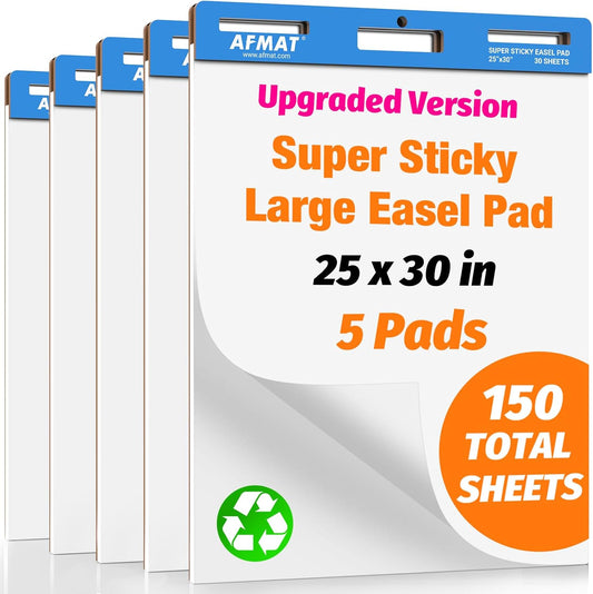 AFMAT Sticky Easel Pads, 25 in x 30 in Flip Chart Paper for Teachers, Super Sticky & Bleed-Resistant, Self-Stick Anchor Chart Paper for Office/Classroom/Whiteboard/Wall/Windows, 30 Sheets/Pad, 5 Pads