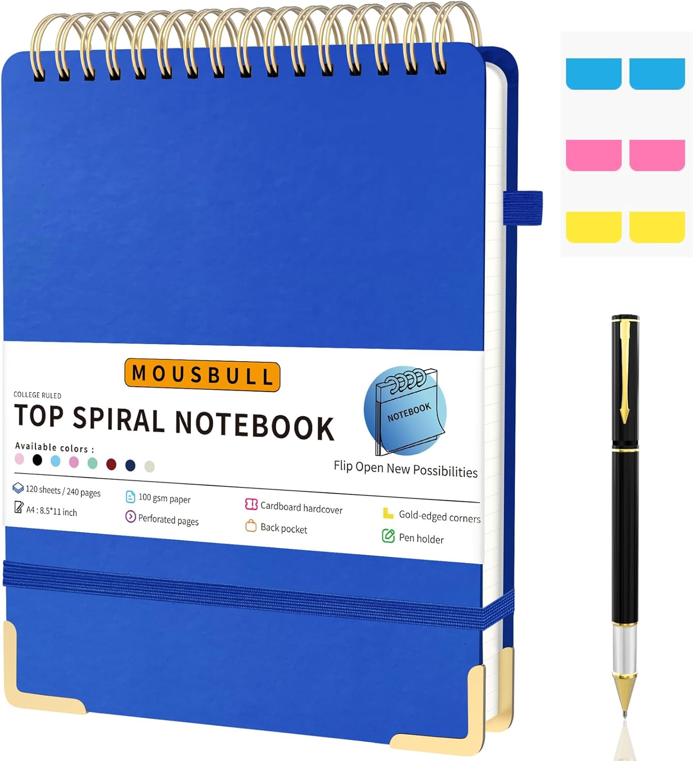 Mousbull Top Spiral Notebook, A4 Hardcover Top Bound Steno Pads, 240 Pages 100gsm College Ruled Left Handed Notebook Journal for Work, School, Meeting Writing - Navy Blue, 8.5" x 11"