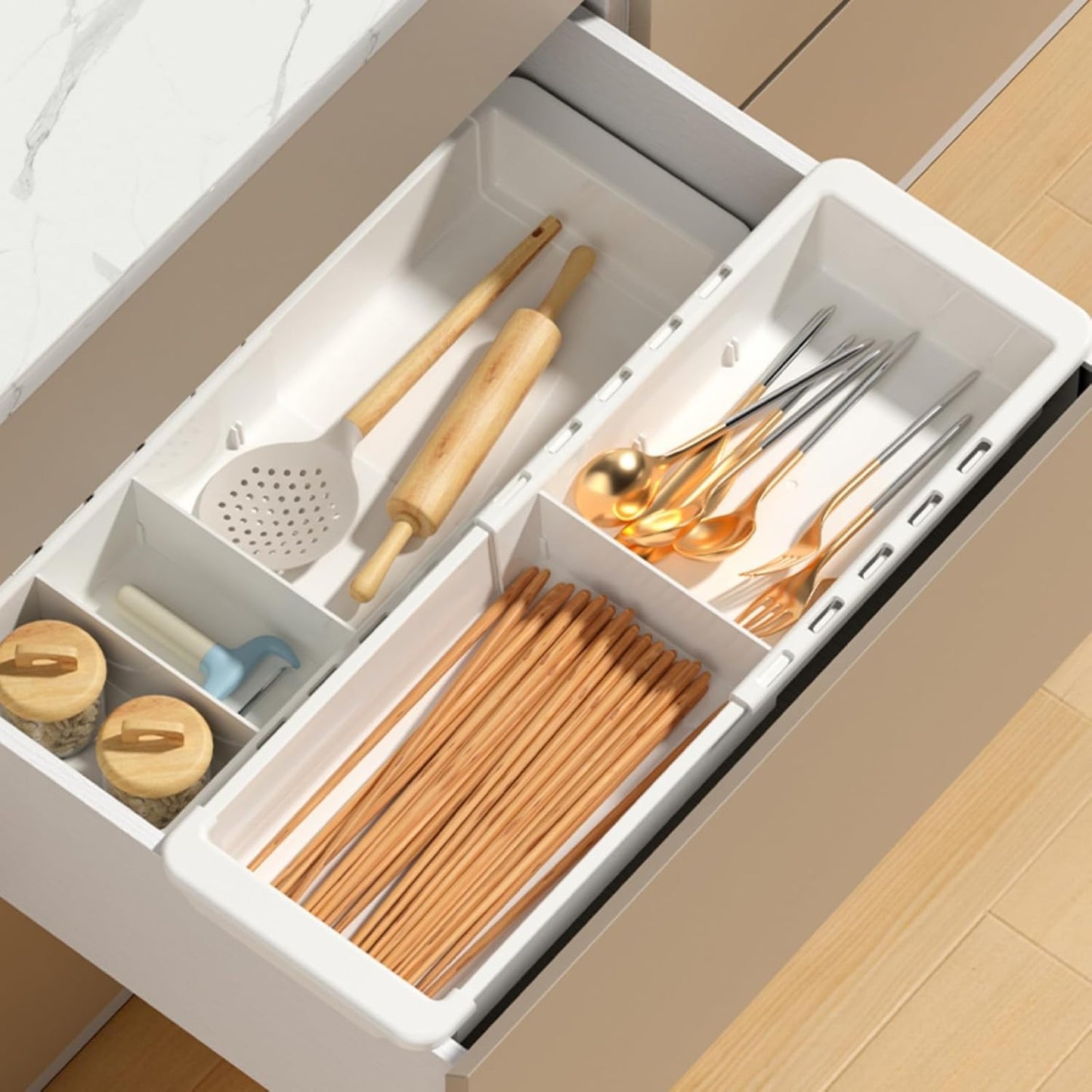 EooUooIP Sliding Drawer Tray with Adjustable Dividers, Expandable Kitchen Storage Organizer, Sliding Drawer Bin, Expandable Drawer Organizer, 2 PCS Drawer Organizer Trays For Utensils, Flatware, Junks