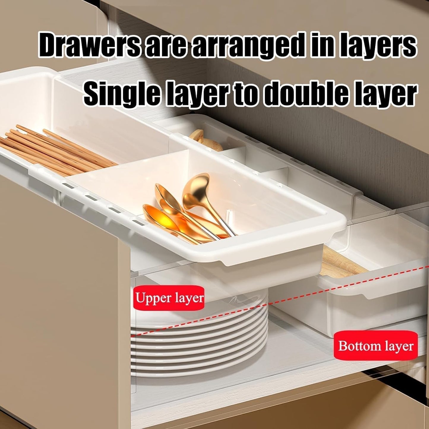 EooUooIP Sliding Drawer Tray with Adjustable Dividers, Expandable Kitchen Storage Organizer, Sliding Drawer Bin, Expandable Drawer Organizer, 2 PCS Drawer Organizer Trays For Utensils, Flatware, Junks