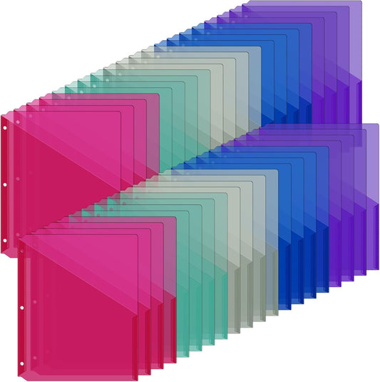 Maitys 50 Pack Binder Pockets 3 Hole Punch Clear Plastic Document Folders Binder Organizer Store Letter Size 8.5x11 Inch Paper Folders with Pockets Slash File Jacket for Office (Dark Color)