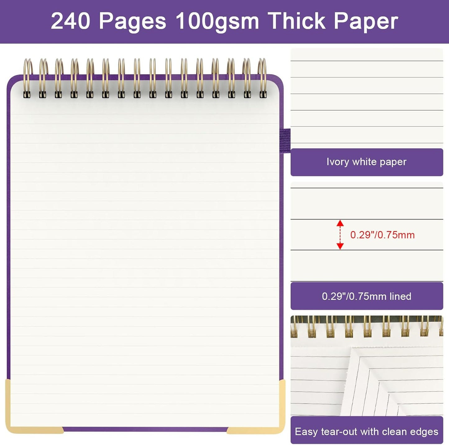 Mousbull A4 Top Spiral Notebook, Large Leather Hardcover Top Bound Steno Pads, 240 Pages 100 gsm Thick Lined Paper Left Handed Notebook Journal for Work, School, Meeting Writing - Purple, 8.5" x 11"