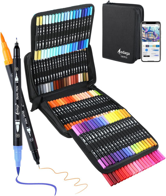 120 Colors Numbered Dual Tip Brush Pens with Free App, Fine and Brush Tips Pens for Adults, Coloring Markers for Coloring Book Bullet Journaling Note Taking Planner Hand Lettering