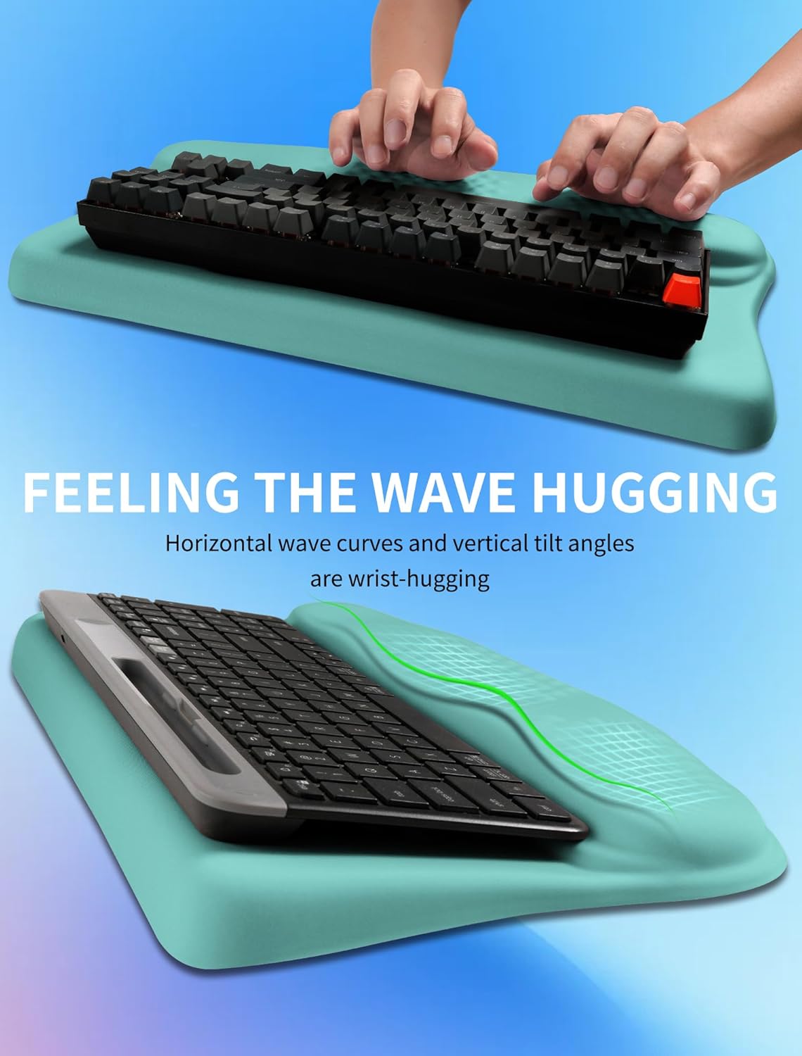 Ergonomic Wave Wrist Rest with Keyboard Stand, Cushioned Palm Rest, Comfortable Integrated Memory Foam for Natural Typing and Relieve Wrist Pain, Baby Blue