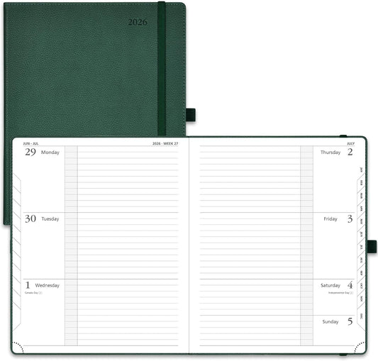 POPRUN 2026 Weekly & Monthly Planner Calendar, 8.5" x 10.5" Large, Horizontal Layout with Lined Sections, Jan. 2026 - Dec. 2026, Leather Hardcover, 100GSM Paper, Inner Pocket - Army Green