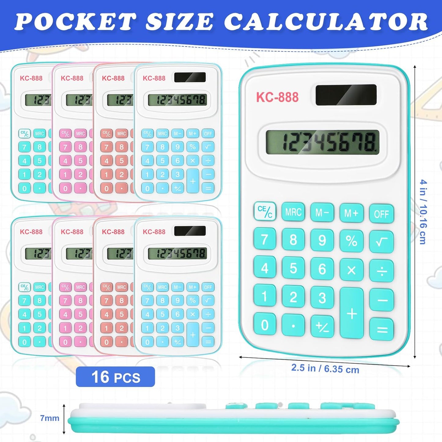 Hoteam 16 Pcs Pocket Calculator Gift for Students Bulk Mini Handheld Calculator Basic Standard Calculators with Button Battery 8 Digit Display for School Office Home(Light Color)