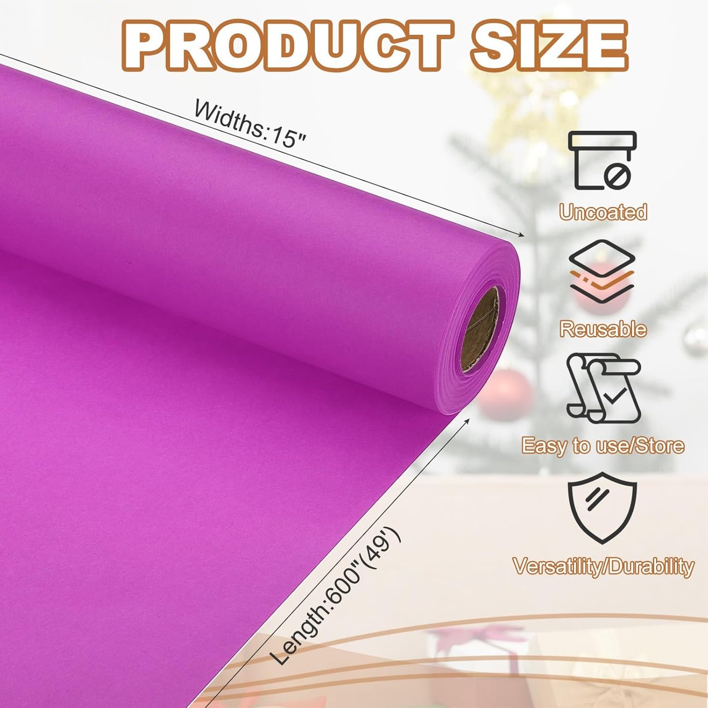 PATIKIL Wrapping Paper, 15" x 600"(49') 70 GSM Craft Paper Roll Kraft Packing Paper for Poster Bulletin Board, Gift Wrapping, Purple