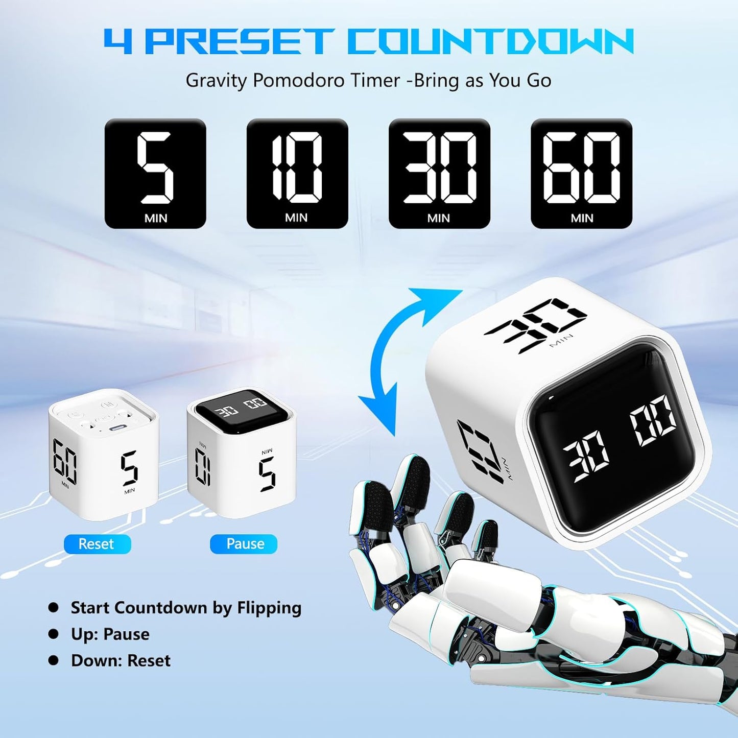 Cube Pomodoro Timer, Smart Productivity Timer 5/10/30/60 Minutes & Custom Countdown, Pause & Resume, Adjustable & Silent Visual Timer, Portable Rotation Multi Desk Timer for Study Task Work Kitchen