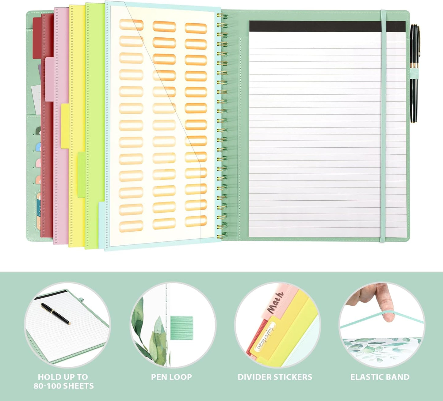 Ospelelf Clipboard with Storage, Leather Padfolio Portfolio Organizer 5 Folders with 10 Pockets, Spiral Clipboard Folio with Notepad for Letter Size, Elastic Closure and Pen Loop Green Plants