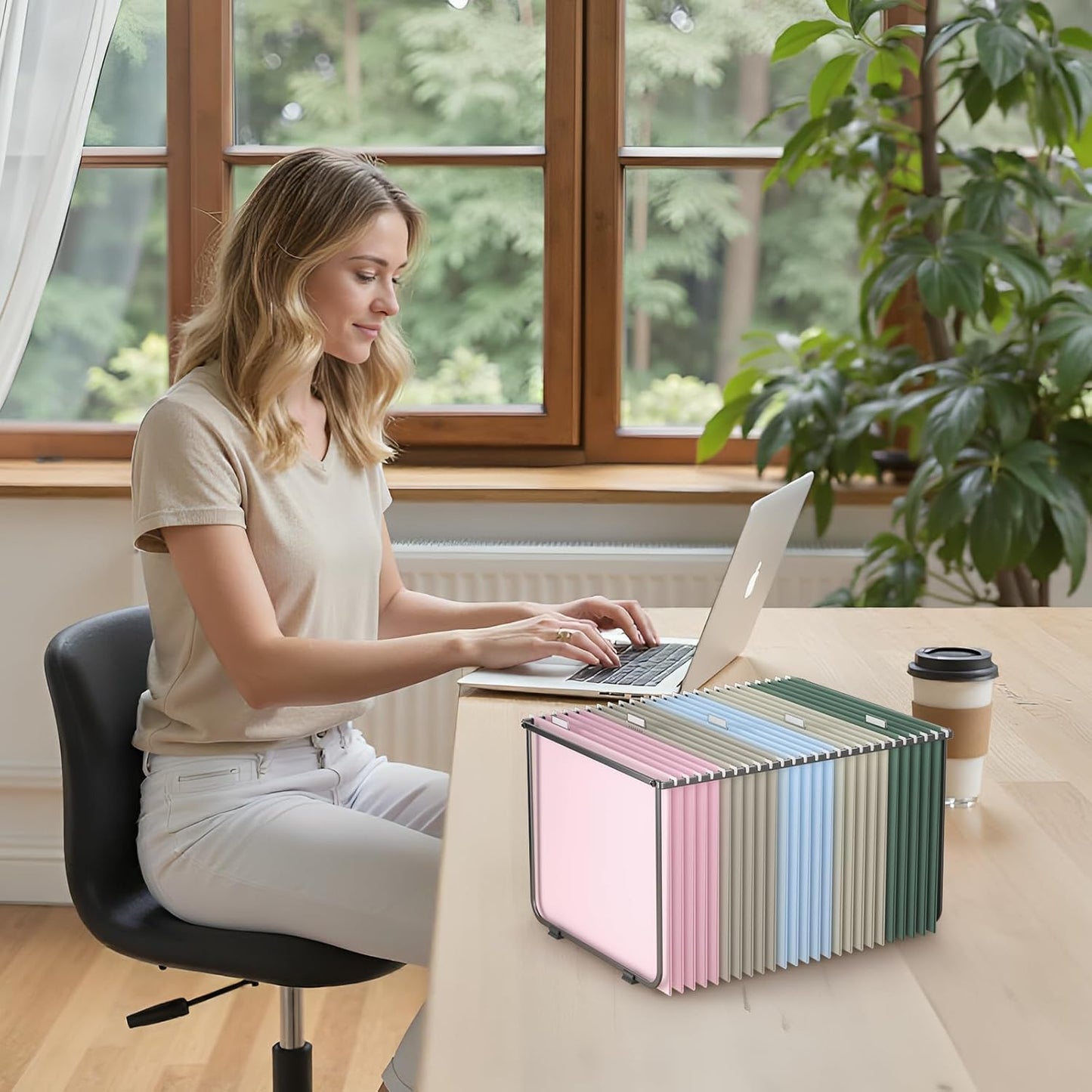 Hanging File Folders Letter Size, Metal File Frame with 25 Pcs Colored Hanging File Folders, 1'' Extension 1/5-Cut Tabs File Organizer Includes Hanging Folders for Desk Office Filing Cabinet