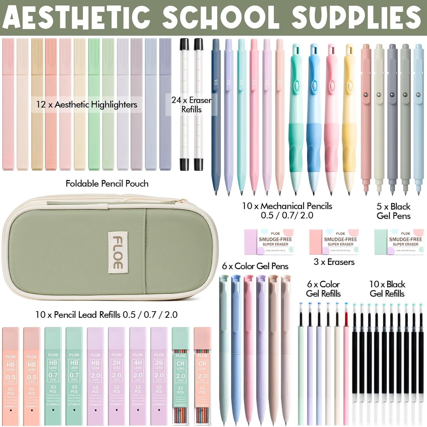 65PCS Aesthetic School Supplies with Cute Pencil Case, Pastel Highlighters Gel Pens Mechanical Pencils Set 0.5 0.7 & 2.0mm, Office Back to School Supplies College Essentials Kit Student Stationary Set
