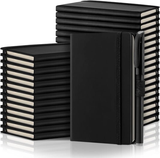 Laumoi 36 Sets Pocket Notebook Journals with Pens A6 Cute Small Journal Notebook Ruled Lined Mini Notepad Hardcover Executive Notebooks Set with Pen Holder for School Office, 3.7 x 5.7 Inch (Black)
