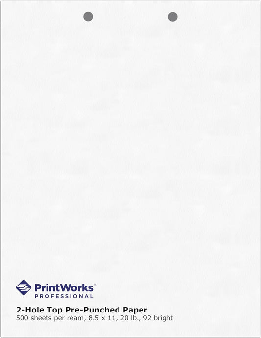 PrintWorks Professional 2 Hole Punch Top Paper - Pre-Punched for Folders, Binders, & Clipboards - Made in the USA - 500 Sheets - 8.5" x 11" - 20 lb - 92 Bright White (04110)