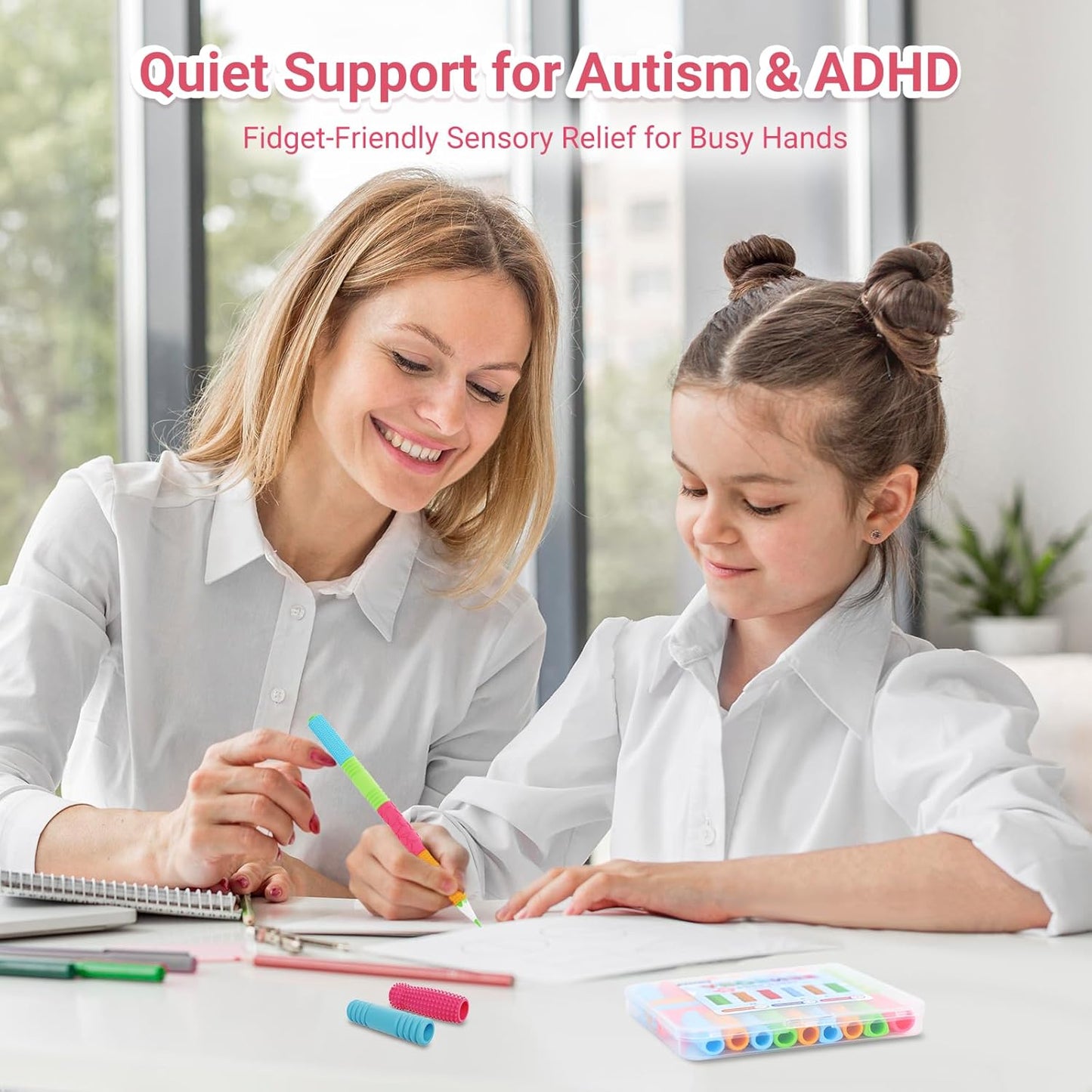 Sensory Textured Pencil Grips Fidget Toys, 24 Pack Four Sizes Silicone Pencil Grips for Kids Adults with Autism & ADHD Anxiety Relief, Quiet Handwriting Pencils Sleeve for Classroom School Office