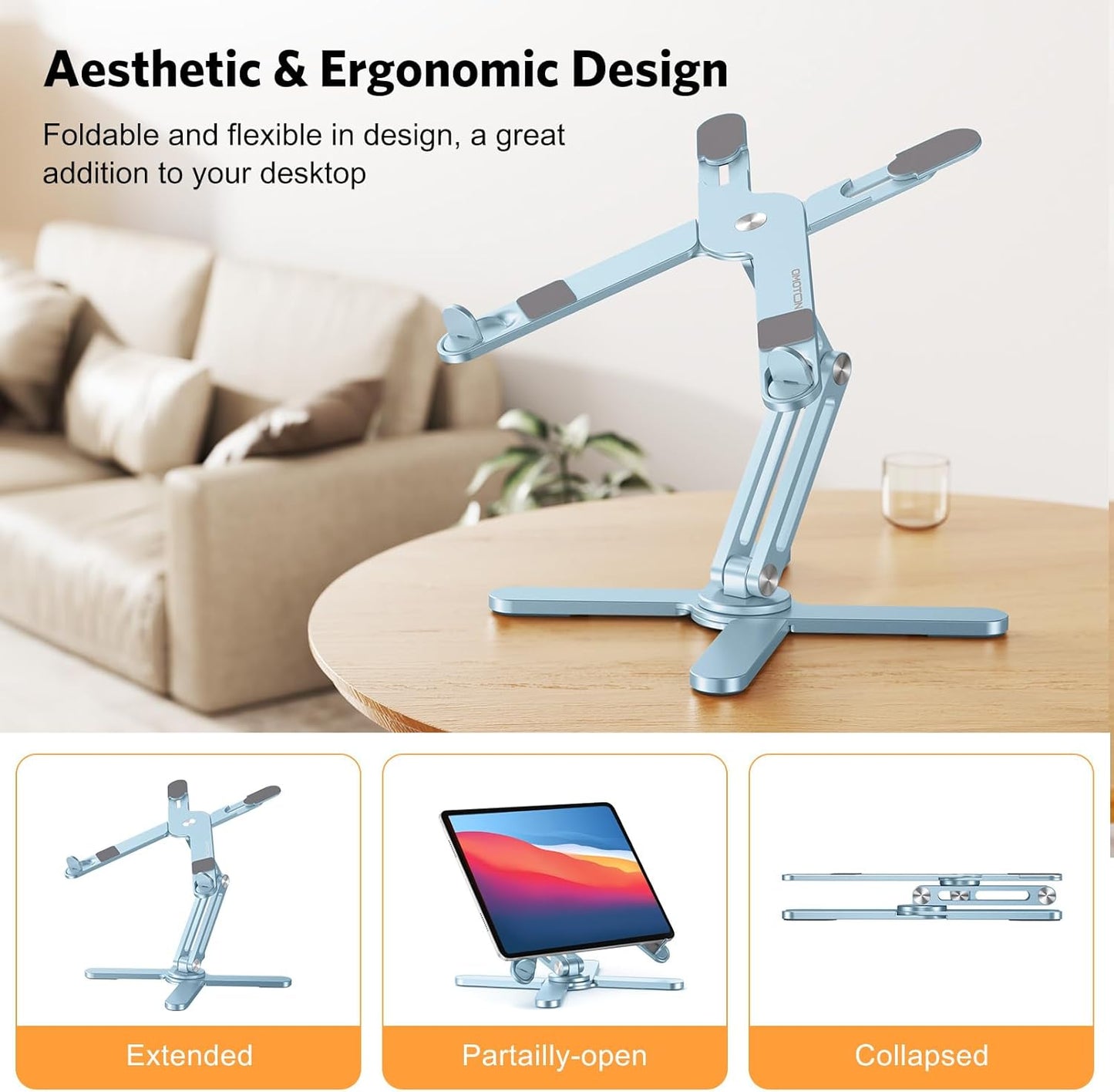 OMOTON 360 Rotating Laptop Stand Riser for Desk, Ergonomic Foldable Computer Stand Adjustable Height Angles for Collaborative Work, Easy Storage Fit Macbooks,All Laptops up to 16 inches,Sky Blue