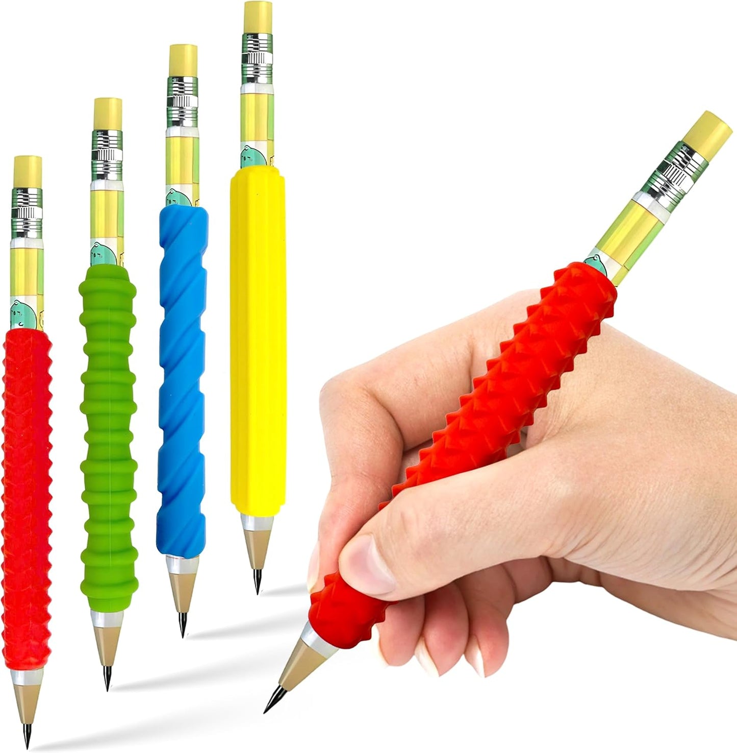 Pencil Grips for Kids & Adults, ADHD Tools for Kids, Sensory Fidget Sleeves for Focus, Calm & Anxiety Relief, Quiet Classroom & Travel Fidget Tool for Fine Motor Skills - 4 Pack & 2 Pencils