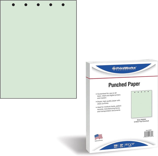 PrintWorks Professional Pre Punched Paper, 5 Hole Punch Top For Top Punch Binders & 2 Ring Clipboards & Fastener File Folders, 8.5 x 11, 20 lb., 500 Sheets, Green (04335)