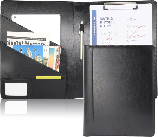 Professional Faux Leather Padfolio with Clipboard – Business Portfolio Organizer Folder & Resume Folder with Card Slots, Pen Holder, and Notebook Organizer, A4 Writing Pad for Office, Black