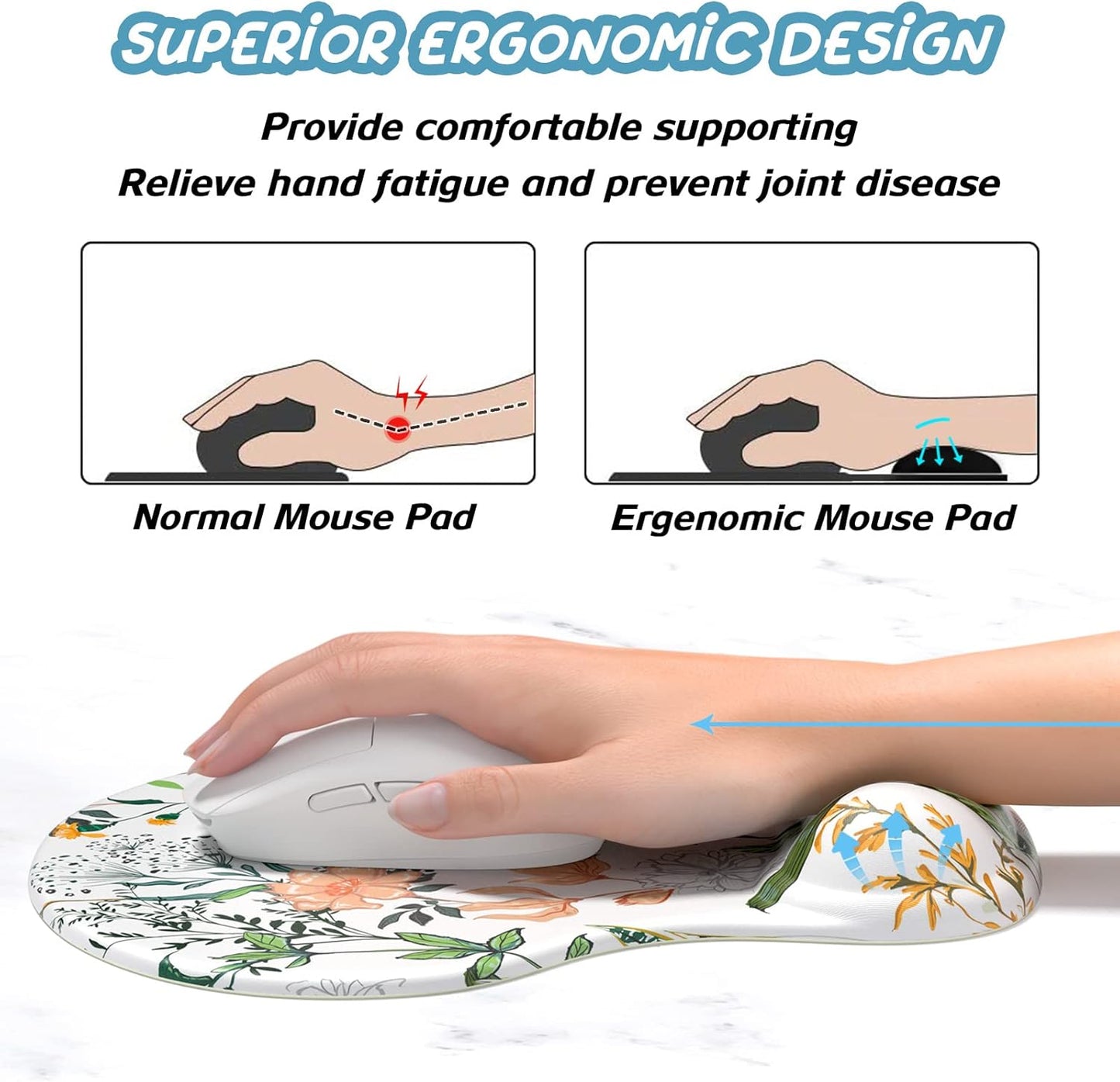 Hsurbtra Ergonomic Mouse Pad with Wrist Rest Support, Gel Mouse Pads with Non-Slip PU Base, Pain Relief Memory Foam Computer Mat, Cute Office Supplies Desk Decro Accessories, Orange Flowers