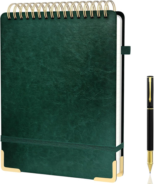 Mousbull A4 Top Spiral Notebook, Large Leather Hardcover Top Bound Steno Pads, 240 Pages 100 gsm Thick Lined Paper Left Handed Notebook Journal for Work, School, Meeting Writing - Green, 8.5" x 11"