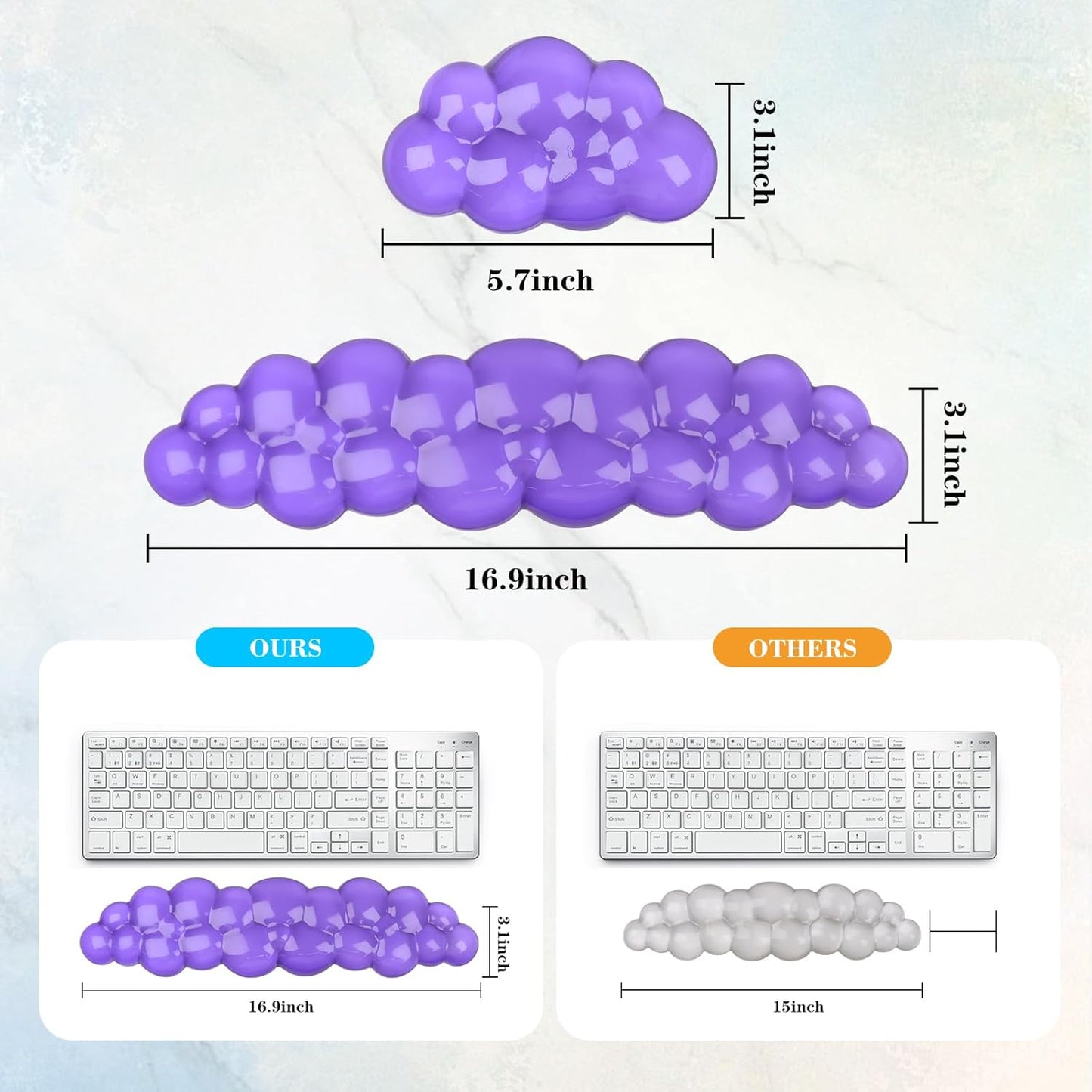 Gel Cloud Keyboard and Mouse Wrist Rest, Cute Wrist Support and Arm Support Keyboard Rest for Keyboard and Mouse Typing Pain Relief，Suitable for Office/Computer/Laptop/Gaming (Transparent Purple Set)