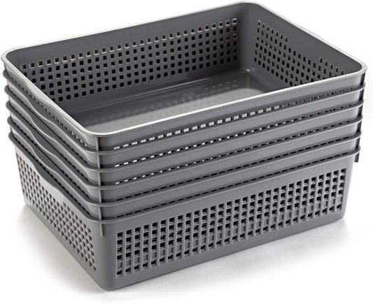 A4 Size Plastic Paper Storage Trays,Desktop File Organizer Baskets,6-Packs (Grey)
