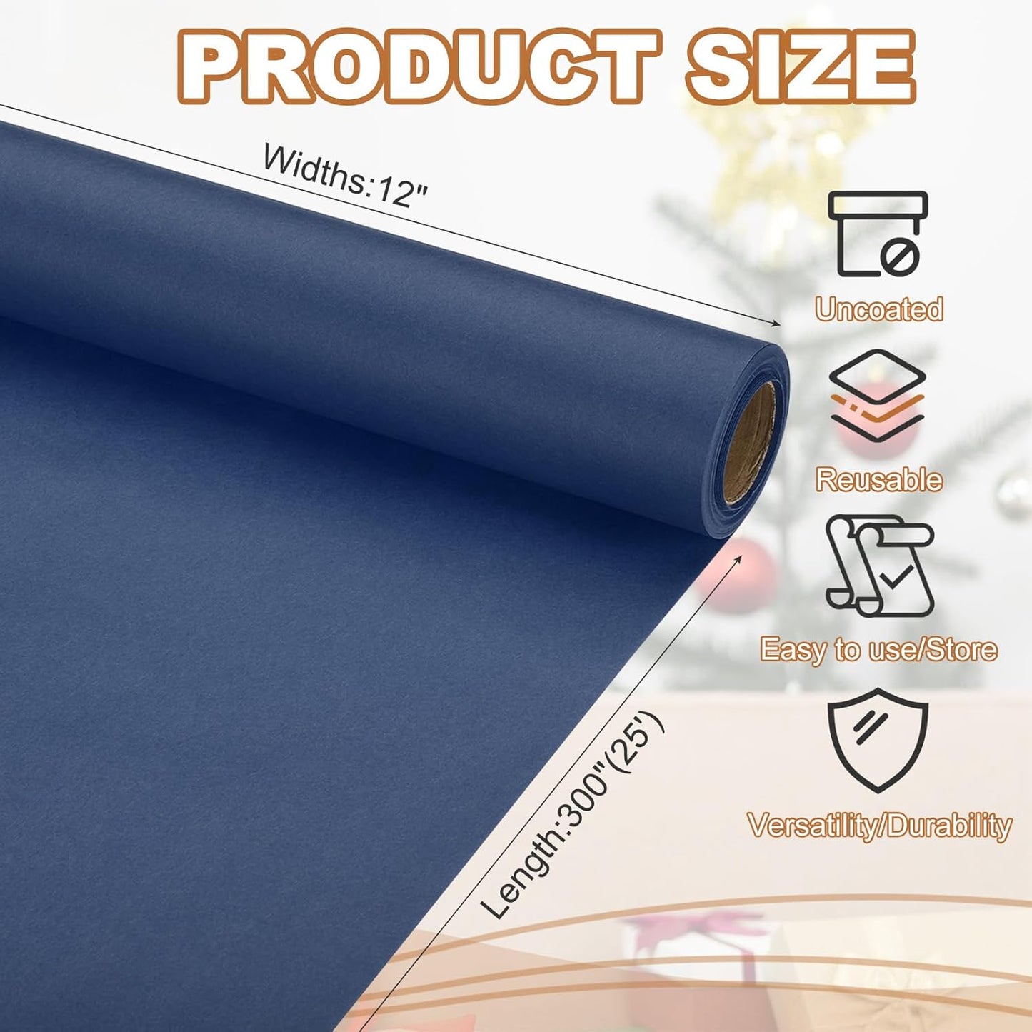 PATIKIL Wrapping Paper, 12" x 300"(25') 70 GSM Craft Paper Roll Kraft Packing Paper for Poster Bulletin Board, Gift Wrapping, Navy Blue