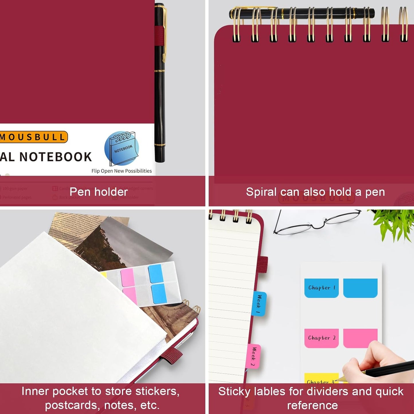 Mousbull Top Spiral Notebook, A5 Hardcover Top Bound Steno Pads, 240 Pages 100gsm College Ruled Left Handed Notebook Journal for Work, School, Meeting Writing - Red, 5.9" x 8.5"