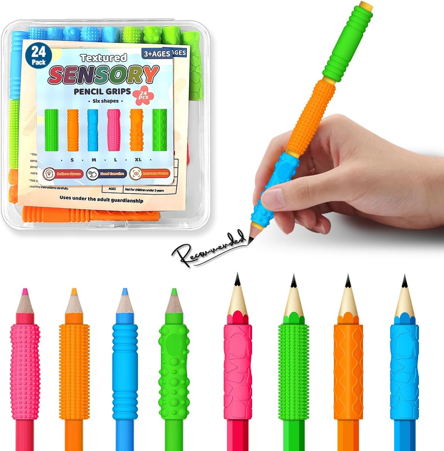 Textured Pencil Grips for Kids & Adults - 24 Pack Sensory Fidget Toys for ADHD, Autism - Quiet Classroom & Office Tools for Anxiety Relief Stress Relief - Educational Supplies, Student Rewards&Gifts