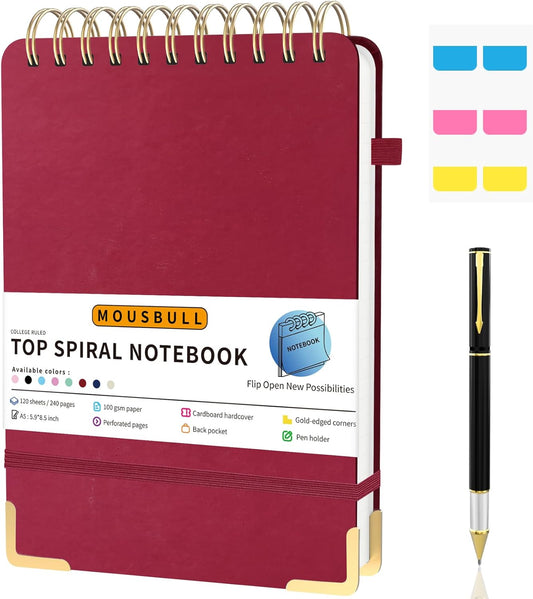 Mousbull Top Spiral Notebook, A5 Hardcover Top Bound Steno Pads, 240 Pages 100gsm College Ruled Left Handed Notebook Journal for Work, School, Meeting Writing - Red, 5.9" x 8.5"