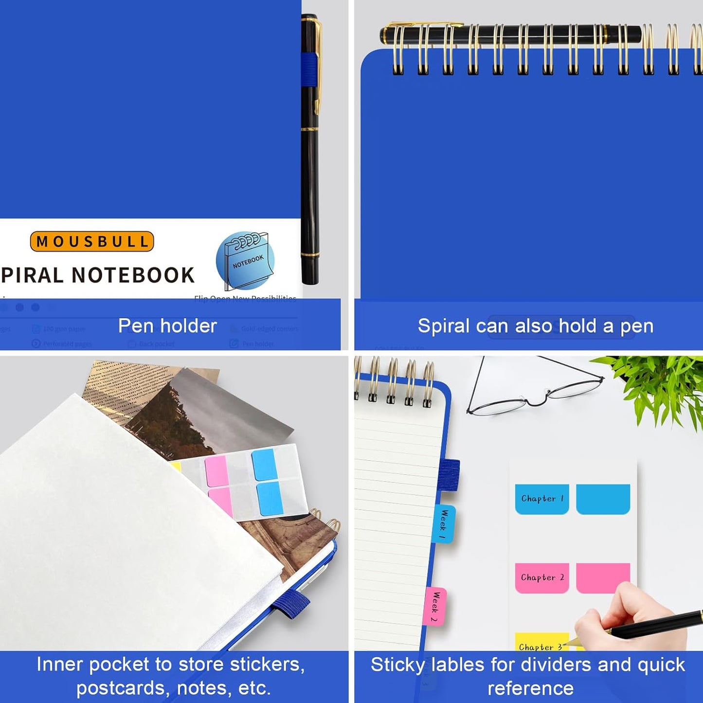 Mousbull Top Spiral Notebook, A4 Hardcover Top Bound Steno Pads, 240 Pages 100gsm College Ruled Left Handed Notebook Journal for Work, School, Meeting Writing - Navy Blue, 8.5" x 11"