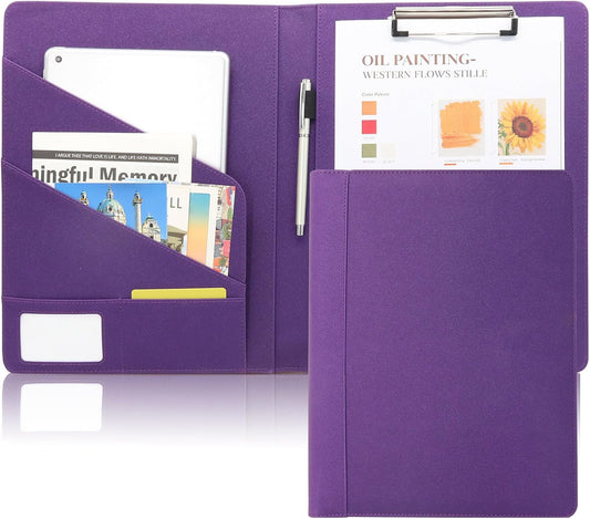 Professional Faux Leather Padfolio with Clipboard – Business Portfolio Organizer Folder & Resume Folder with Card Slots, Pen Holder, and Notebook Organizer, A4 Writing Pad for Office, Purple