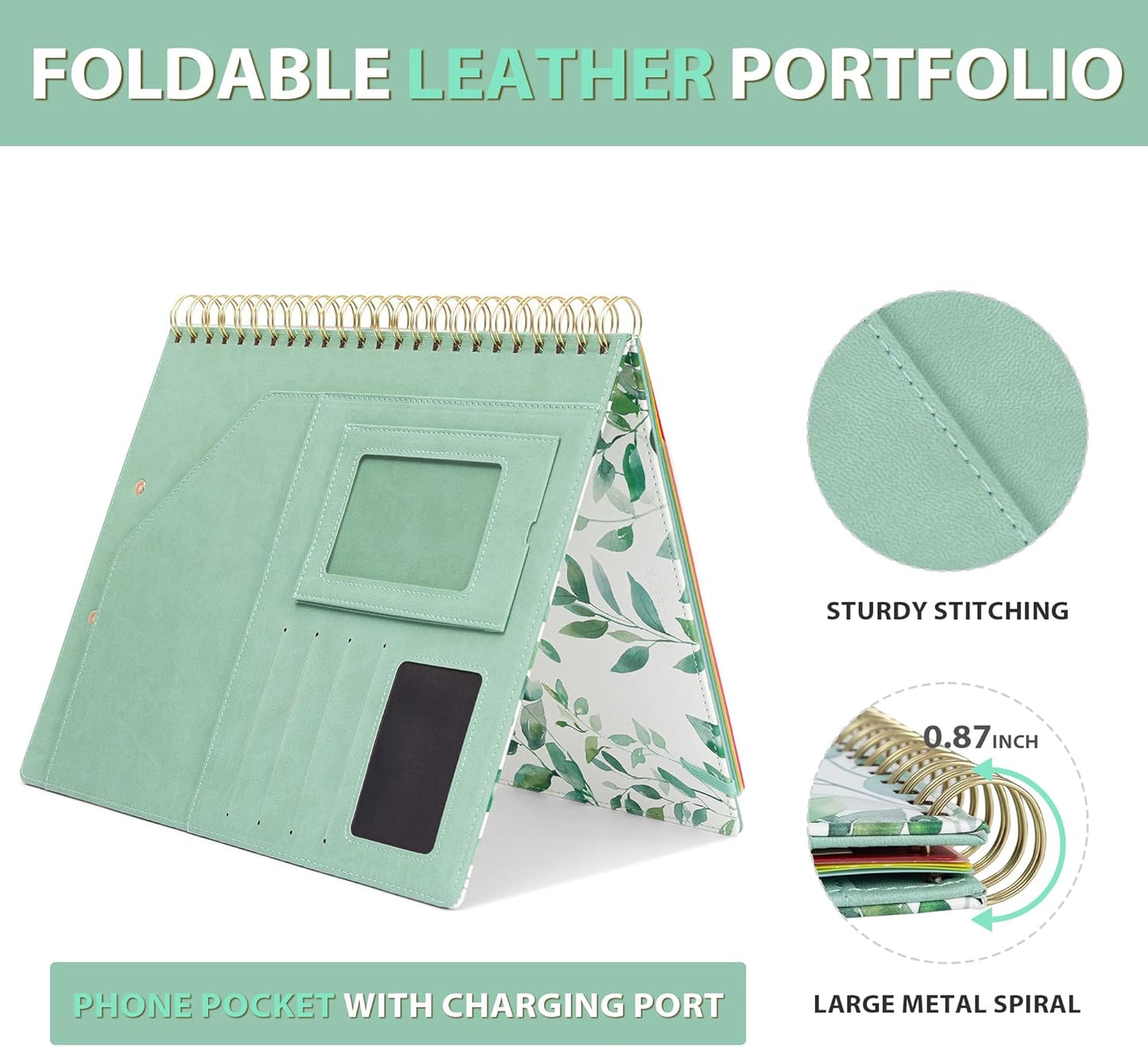 Ospelelf Clipboard with Storage, Leather Padfolio Portfolio Organizer 5 Folders with 10 Pockets, Spiral Clipboard Folio with Notepad for Letter Size, Elastic Closure and Pen Loop Green Plants