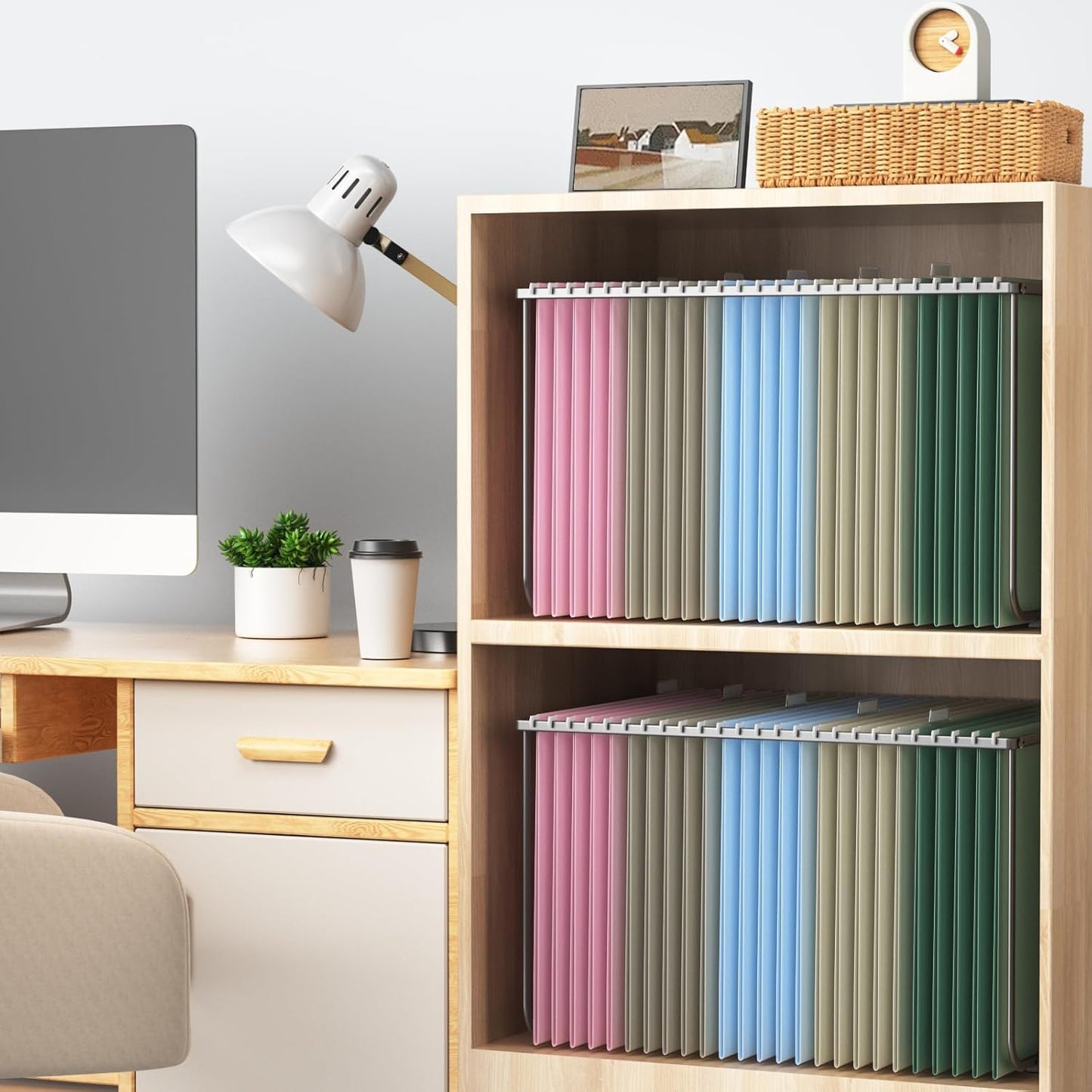 Hanging File Folders Letter Size, Metal File Frame with 25 Pcs Colored Hanging File Folders, 1'' Extension 1/5-Cut Tabs File Organizer Includes Hanging Folders for Desk Office Filing Cabinet