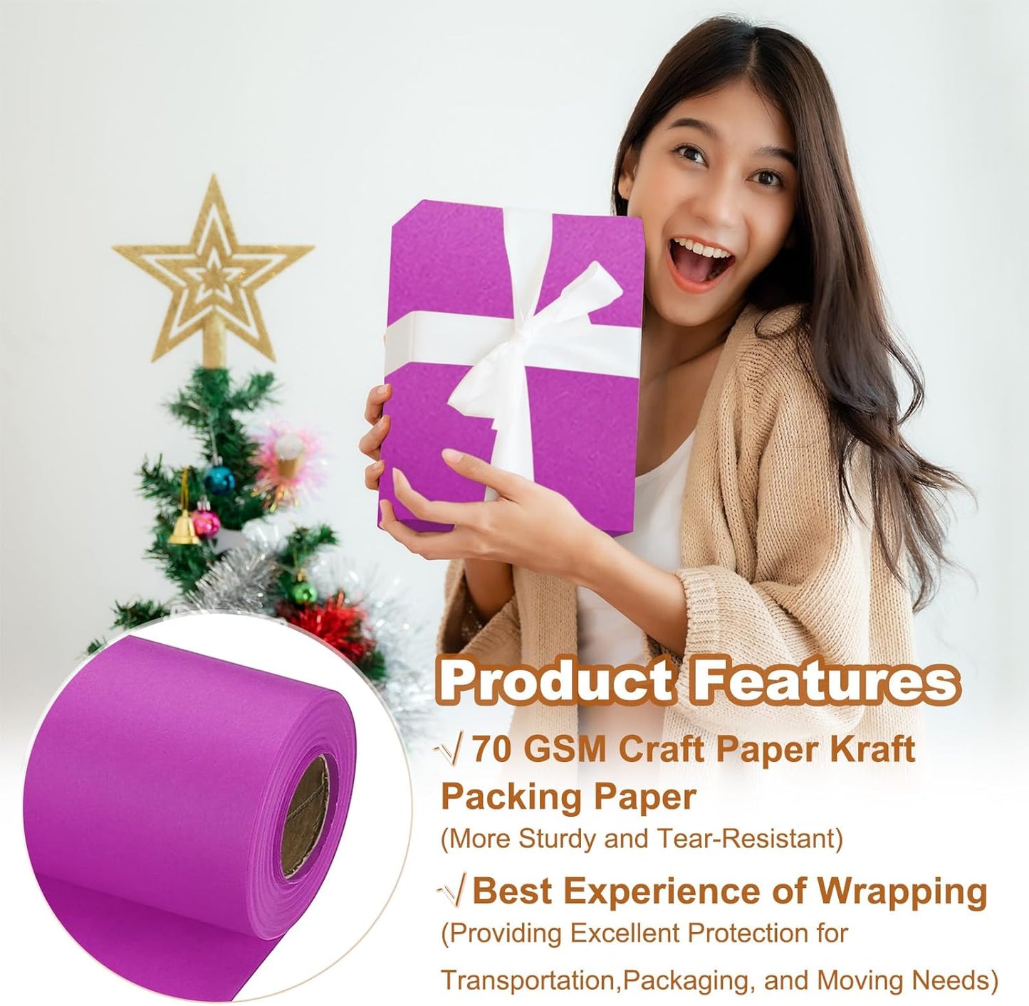 PATIKIL Wrapping Paper, 20" x 600"(49') 70 GSM Craft Paper Roll Kraft Packing Paper for Poster Bulletin Board, Gift Wrapping, Purple