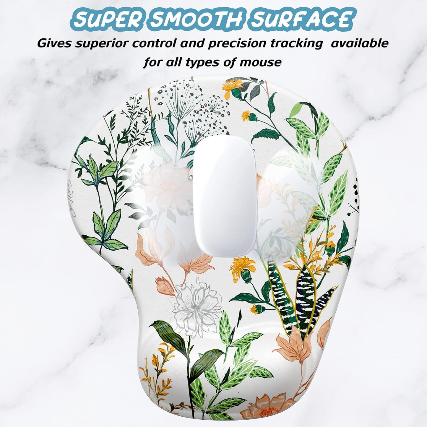 Hsurbtra Ergonomic Mouse Pad with Wrist Rest Support, Gel Mouse Pads with Non-Slip PU Base, Pain Relief Memory Foam Computer Mat, Cute Office Supplies Desk Decro Accessories, Orange Flowers