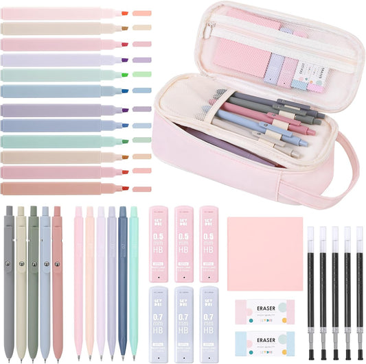 SKYDUE Cute School Supplies 38 PCS, Pencil Case with 12 Pastel Highlighters, 5 Black Gel Pens, Mechanical Pencils, College Essentials Students Stationary Set Pink