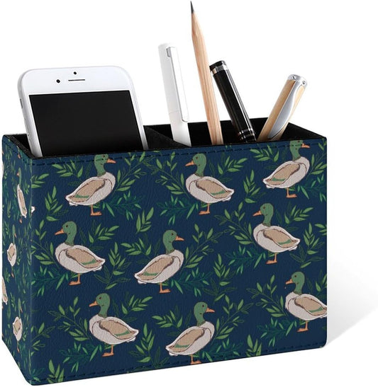 Famame Cute Farm Animal Mallard Duck Pencil Holder for Desk, Leather Desktop Container Pen Cup Storage Study Table Pen Organizer Makeup Brushes Holder for Office Home